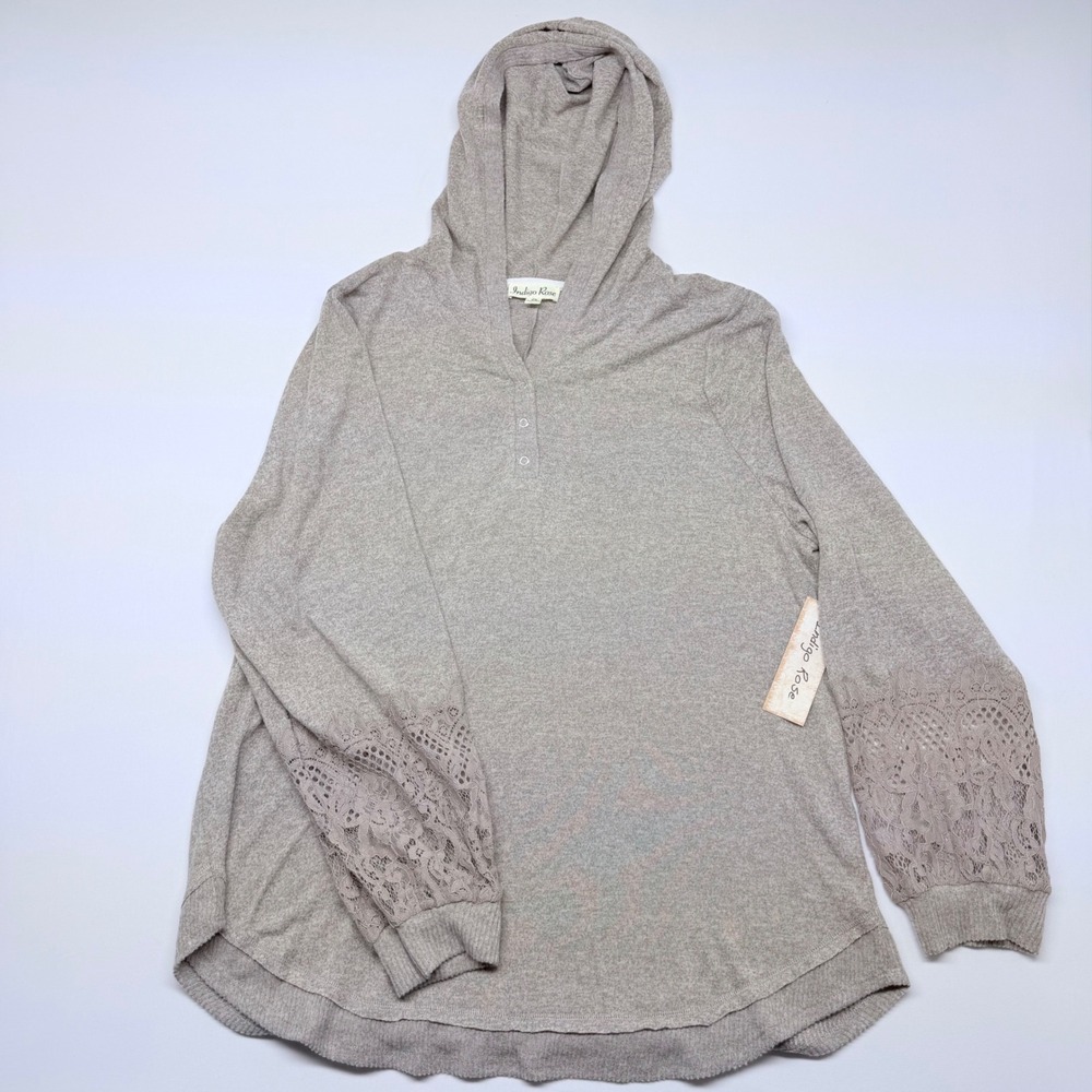 🔴 Indigo Rose Lace Sleeve Hoodie Pullover Casual Knit Top Taupe Womens M